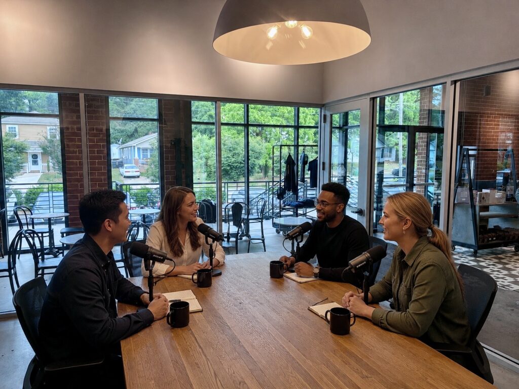 Charlotte podcast producer films business roundtable in a coffee shop.